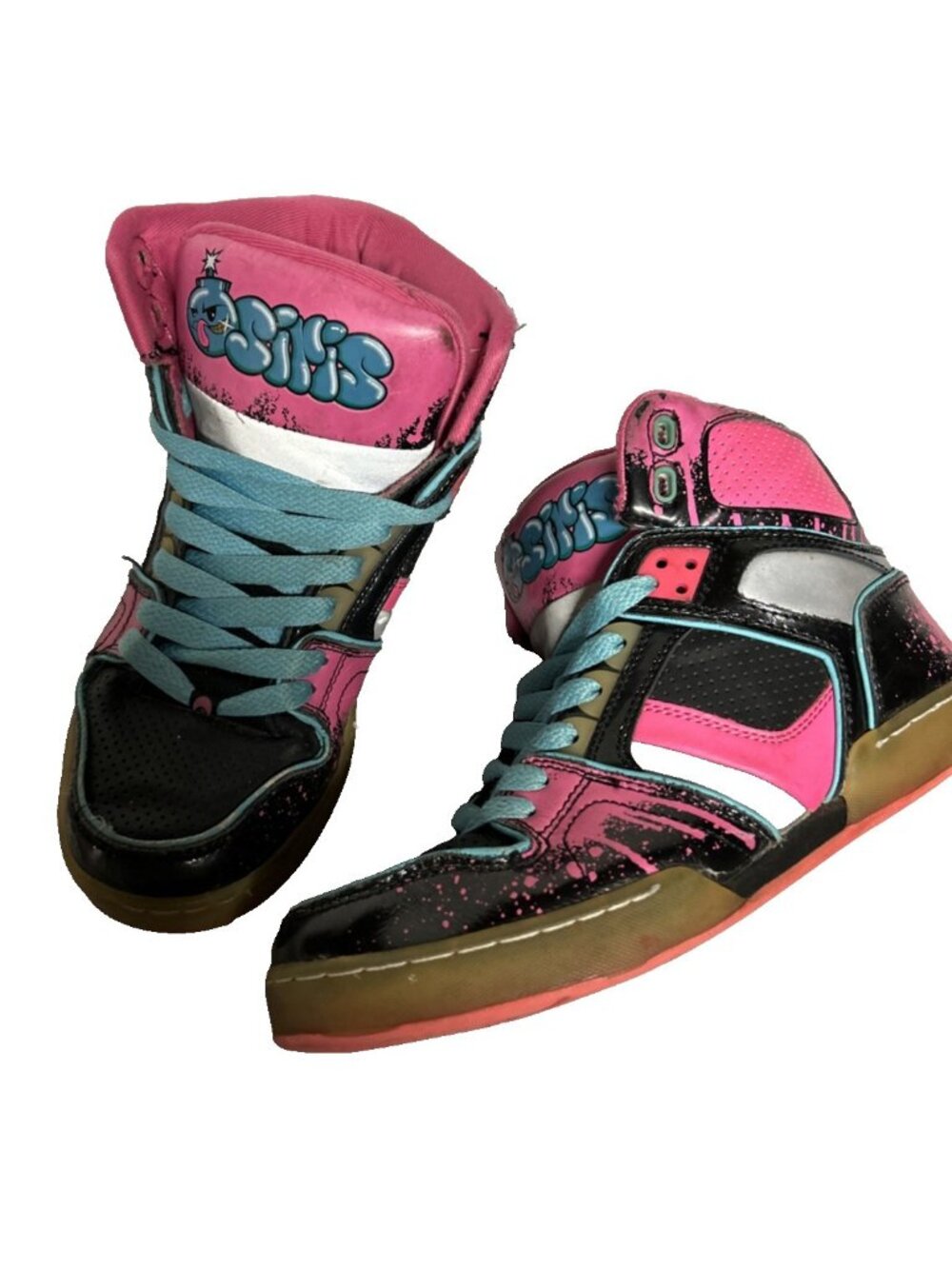 Osiris Sneakers Pink Black Blue Bomb Logo Graffiti Mens Size 6 Womens 7.5 Skater